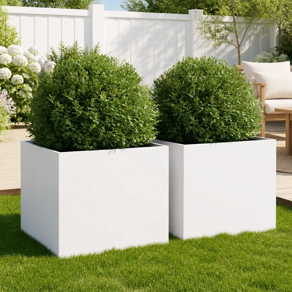 Steel Planters White 2 Piece Garden Flower Pots Outdoor Raised Beds Decor