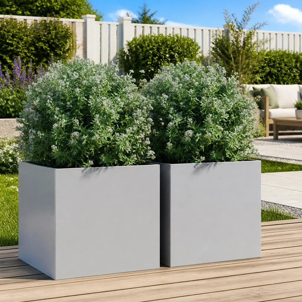 Galvanised Steel Garden Planters 42x40x39cm Silver Outdoor Pots Set of 2
