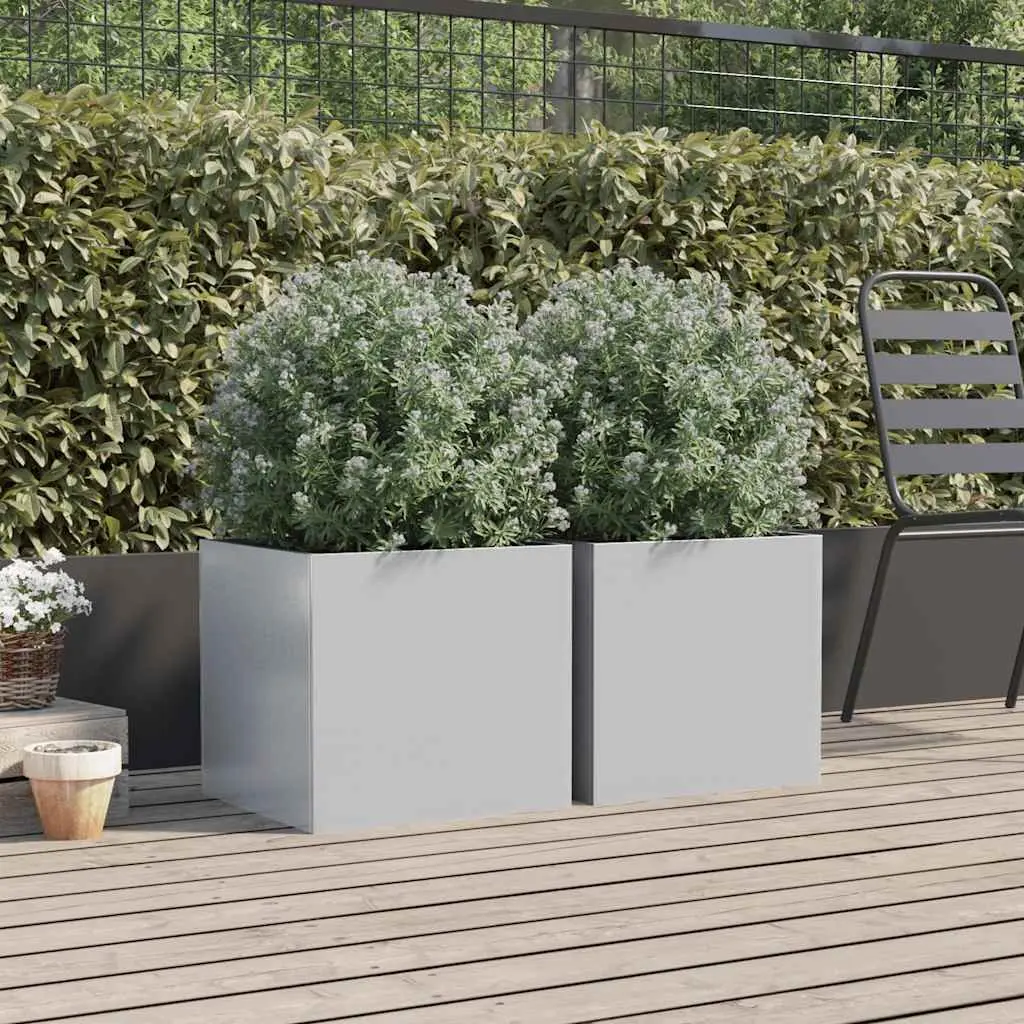 Galvanised Steel Garden Planters 42x40x39cm Silver Outdoor Pots Set of 2