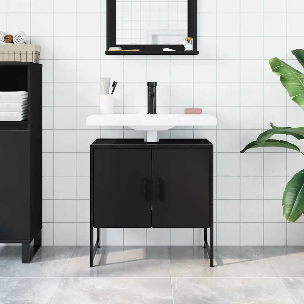 Bathroom Vanity Cabinet Black Under Sink Storage Engineered Wood Modern Design