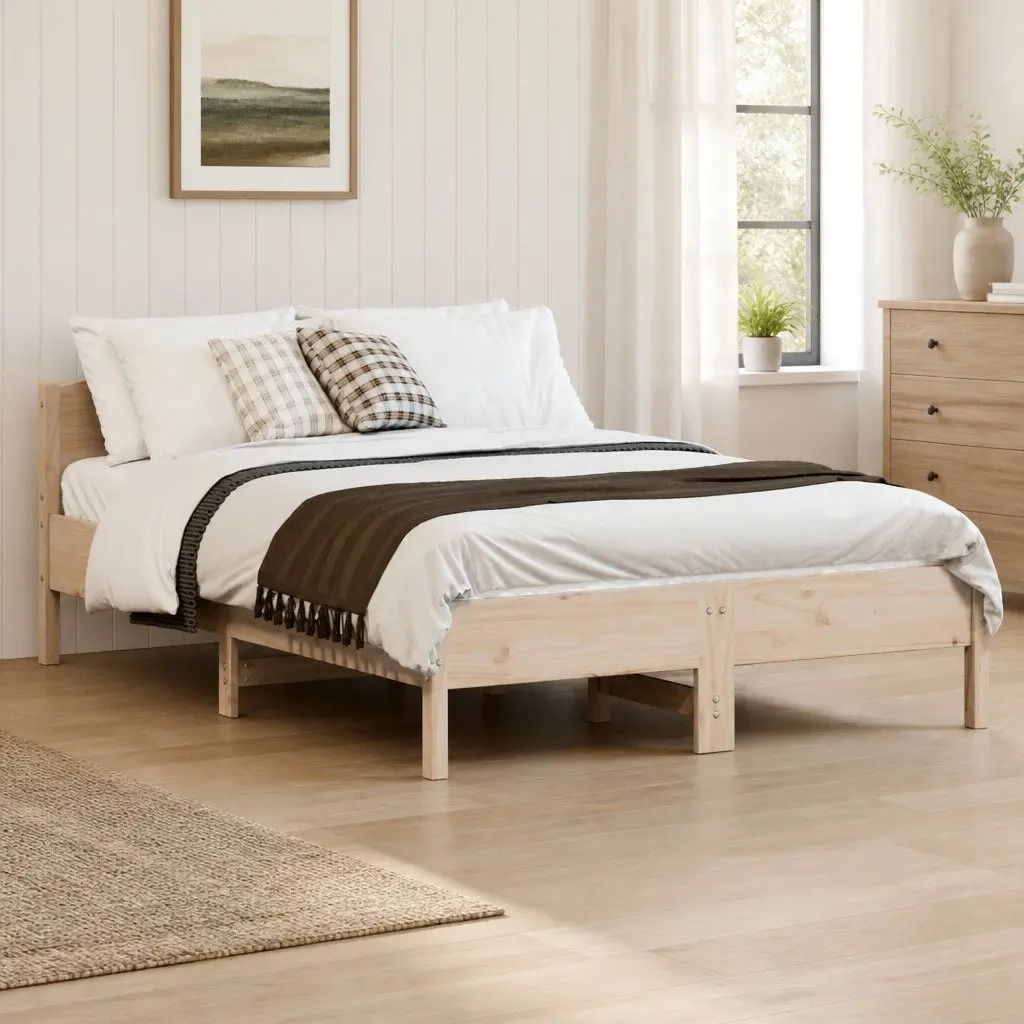 Bed Frame 135x190 cm Solid Pine Wood Slatted Base Bedroom Furniture Brown