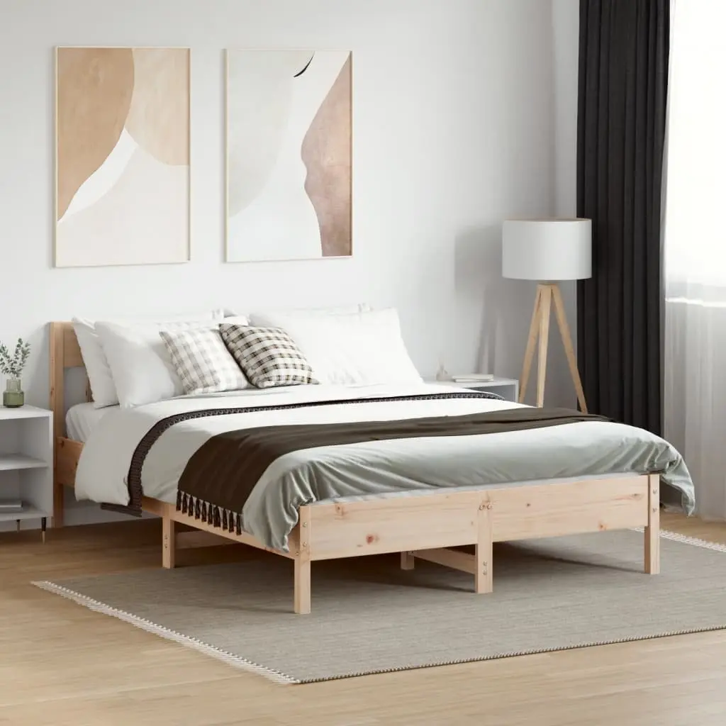 Bed Frame 135x190 cm Solid Pine Wood Slatted Base Bedroom Furniture Brown