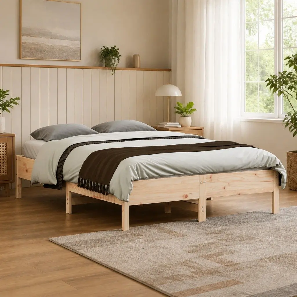 Pine Wood Bed Frame Brown Slatted Base 135x190 cm Solid Construction