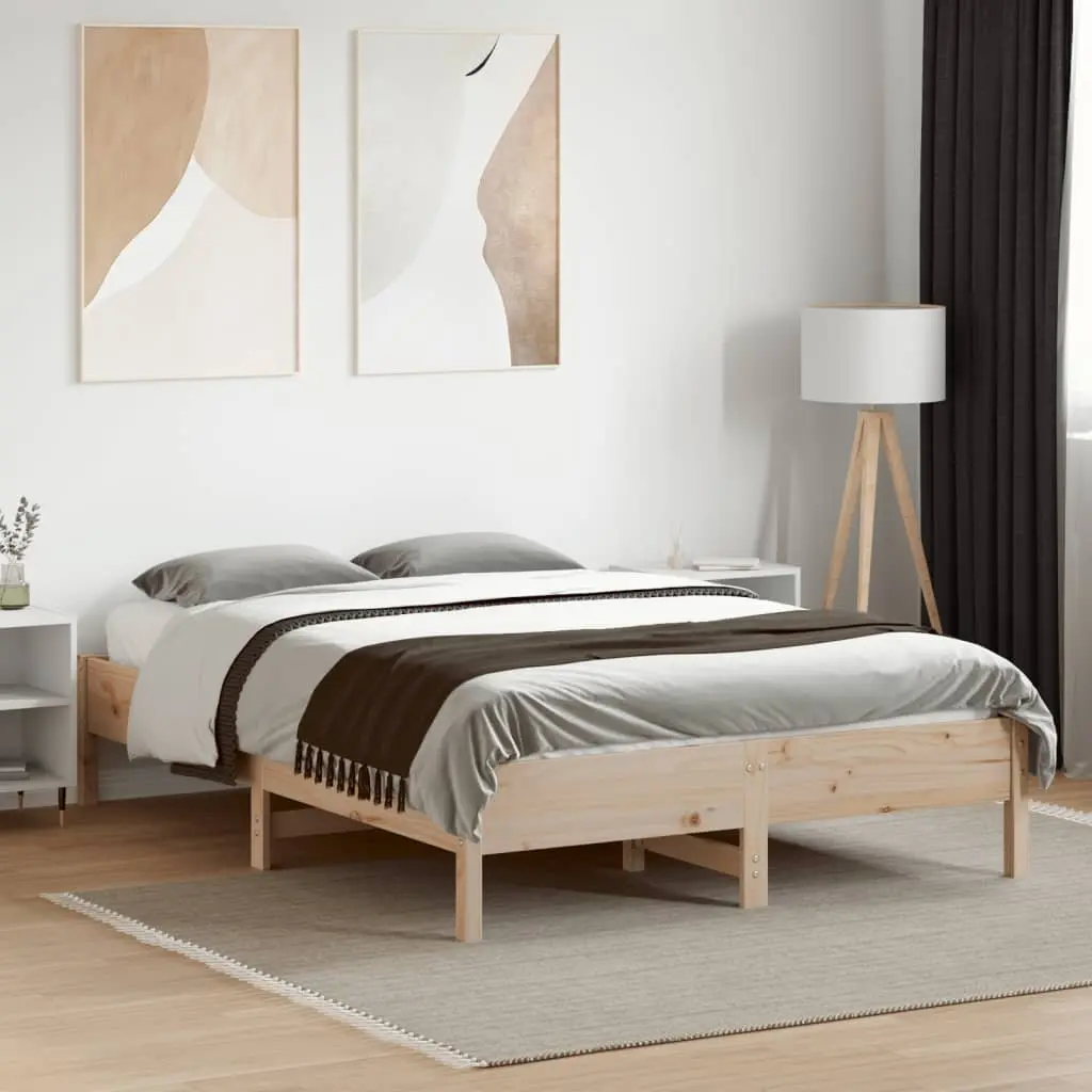 Pine Wood Bed Frame Brown Slatted Base 135x190 cm Solid Construction