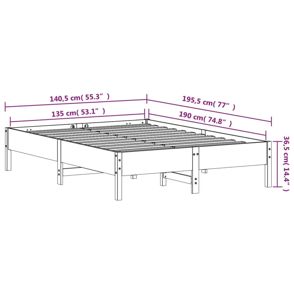 Pine Wood Bed Frame Brown Slatted Base 135x190 cm Solid Construction