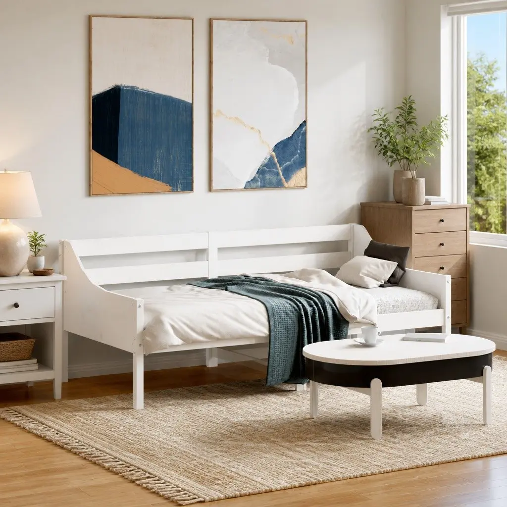 Pine Wood Day Bed Frame White 90x190 cm Multipurpose Sofa Bed with Safety Guardrails and Plywood Slats