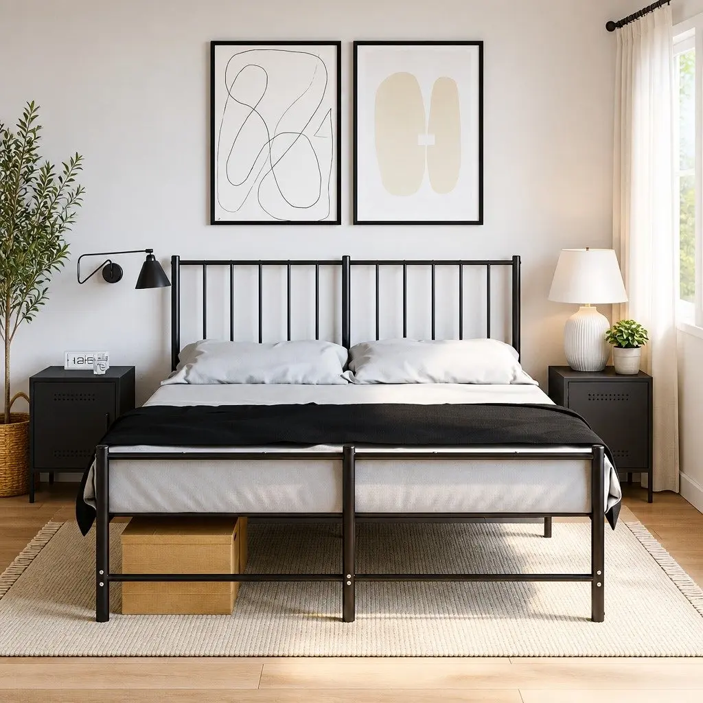Bedside Cabinets Industrial Style Black 2 Piece Storage Nightstand