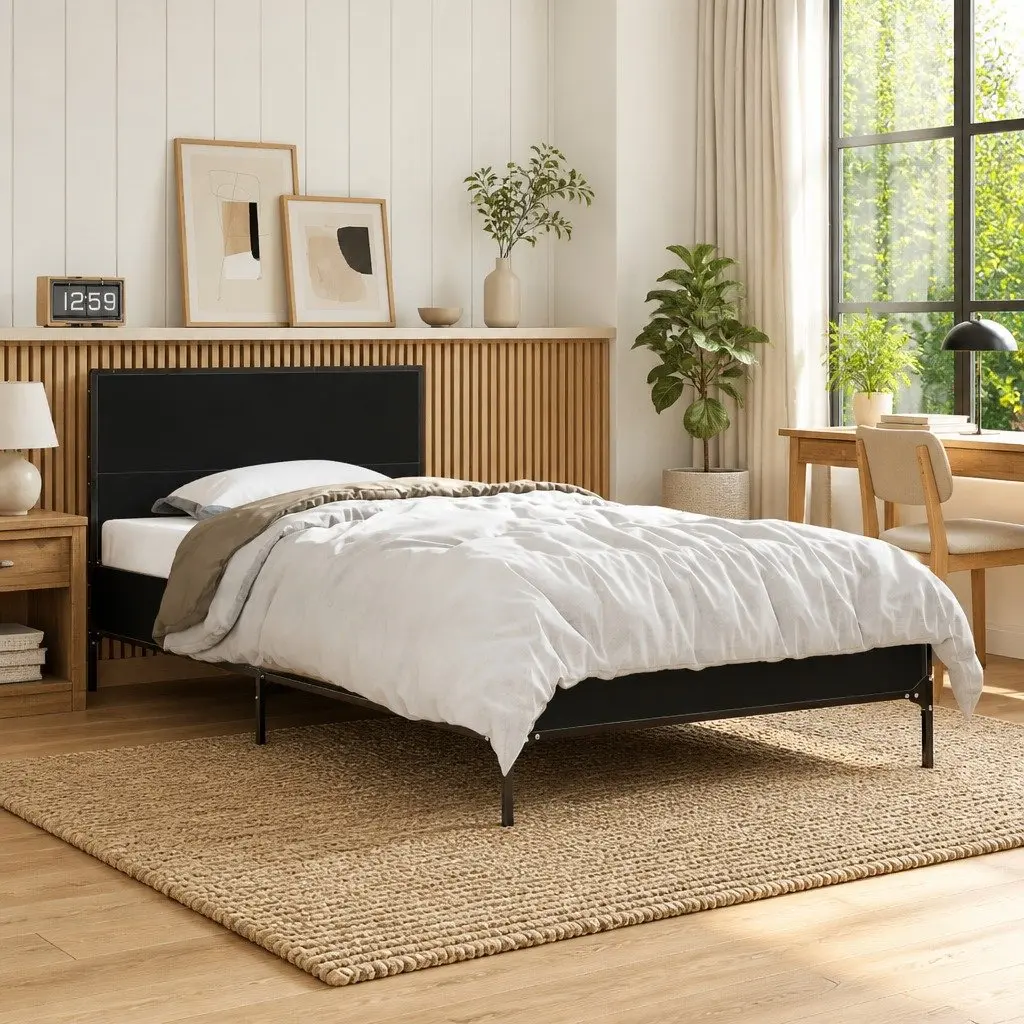 Engineered Wood Bed Frame Black 90x190 cm with Metal Legs Plywood Slats and Headboard