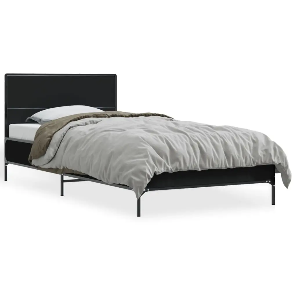 Engineered Wood Bed Frame Black 90x190 cm with Metal Legs Plywood Slats and Headboard