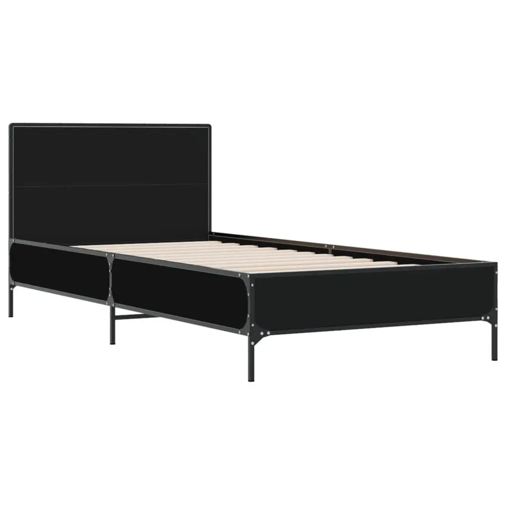 Engineered Wood Bed Frame Black 90x190 cm with Metal Legs Plywood Slats and Headboard