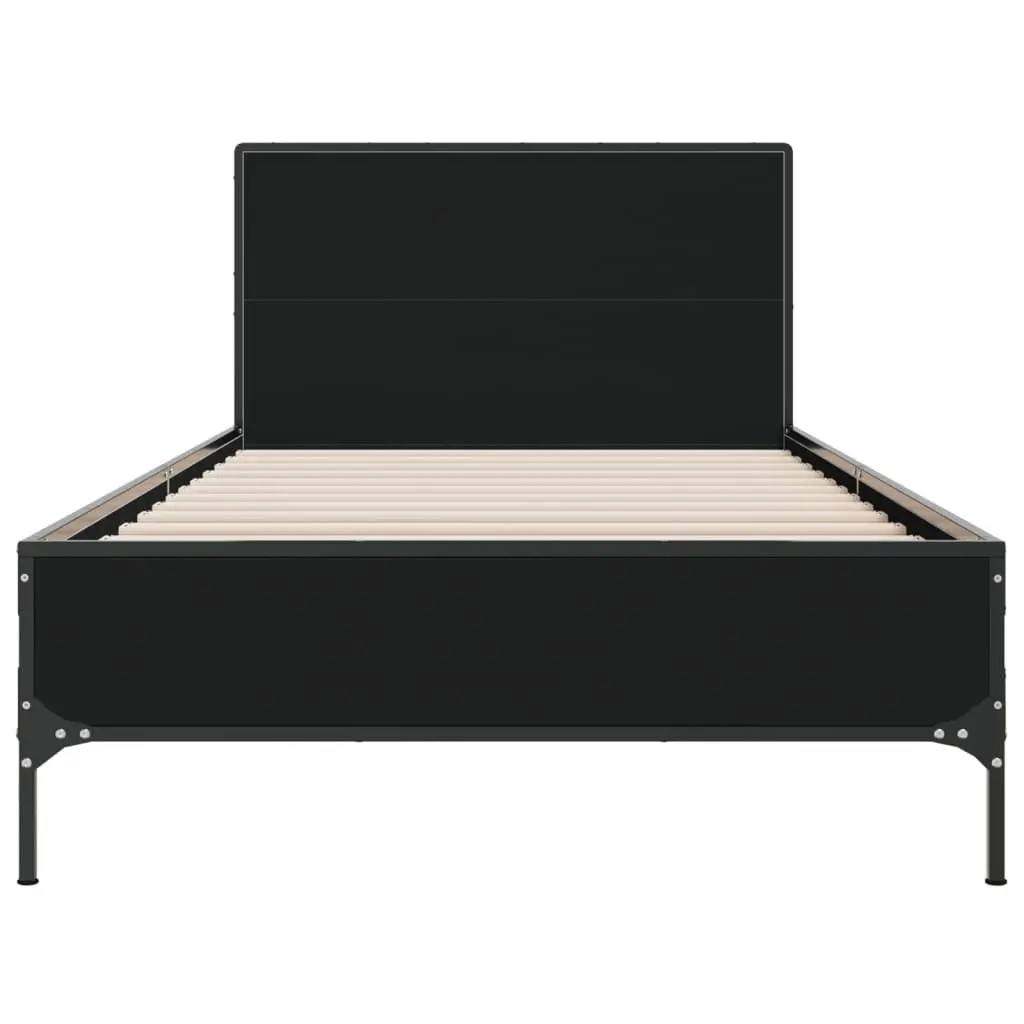 Engineered Wood Bed Frame Black 90x190 cm with Metal Legs Plywood Slats and Headboard