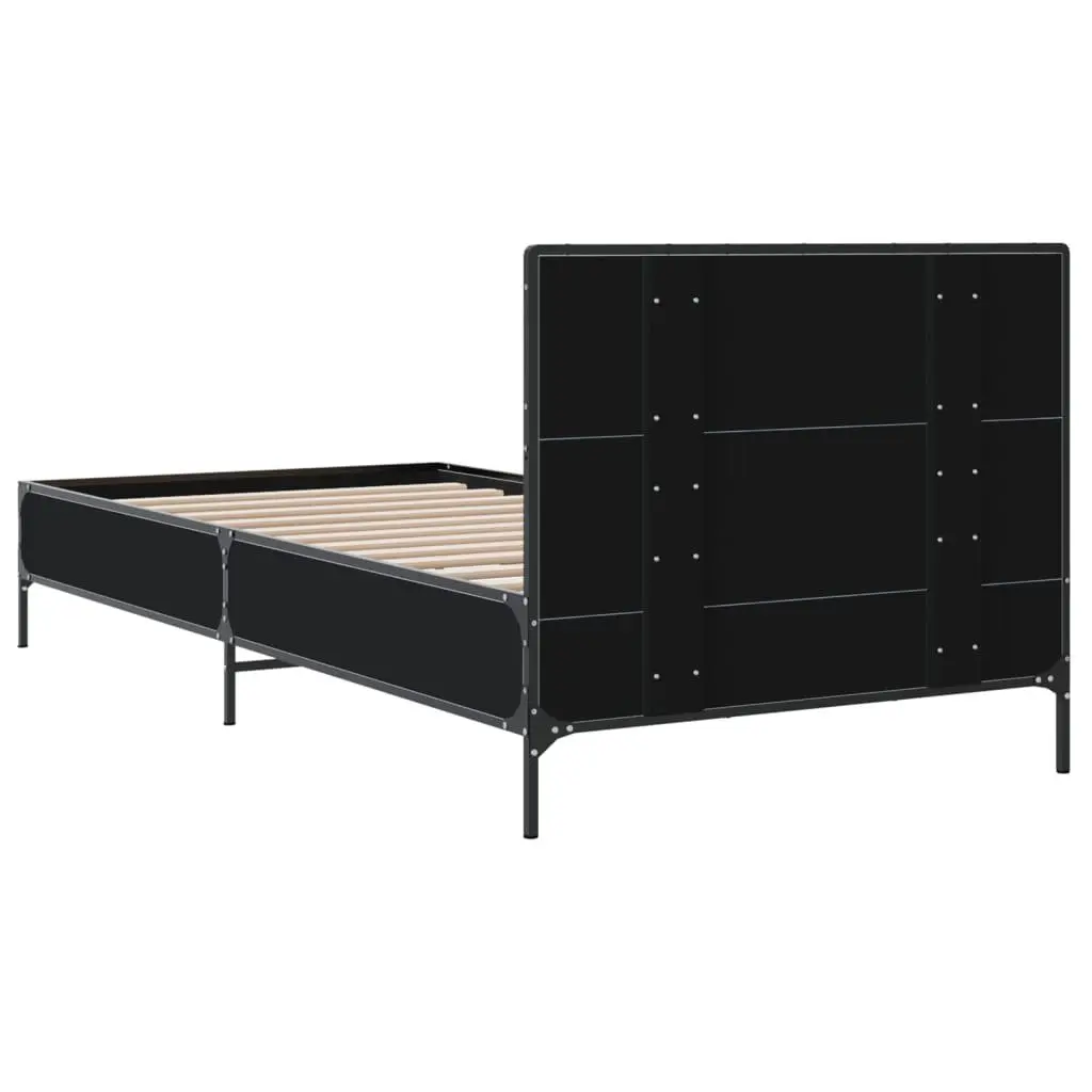Engineered Wood Bed Frame Black 90x190 cm with Metal Legs Plywood Slats and Headboard