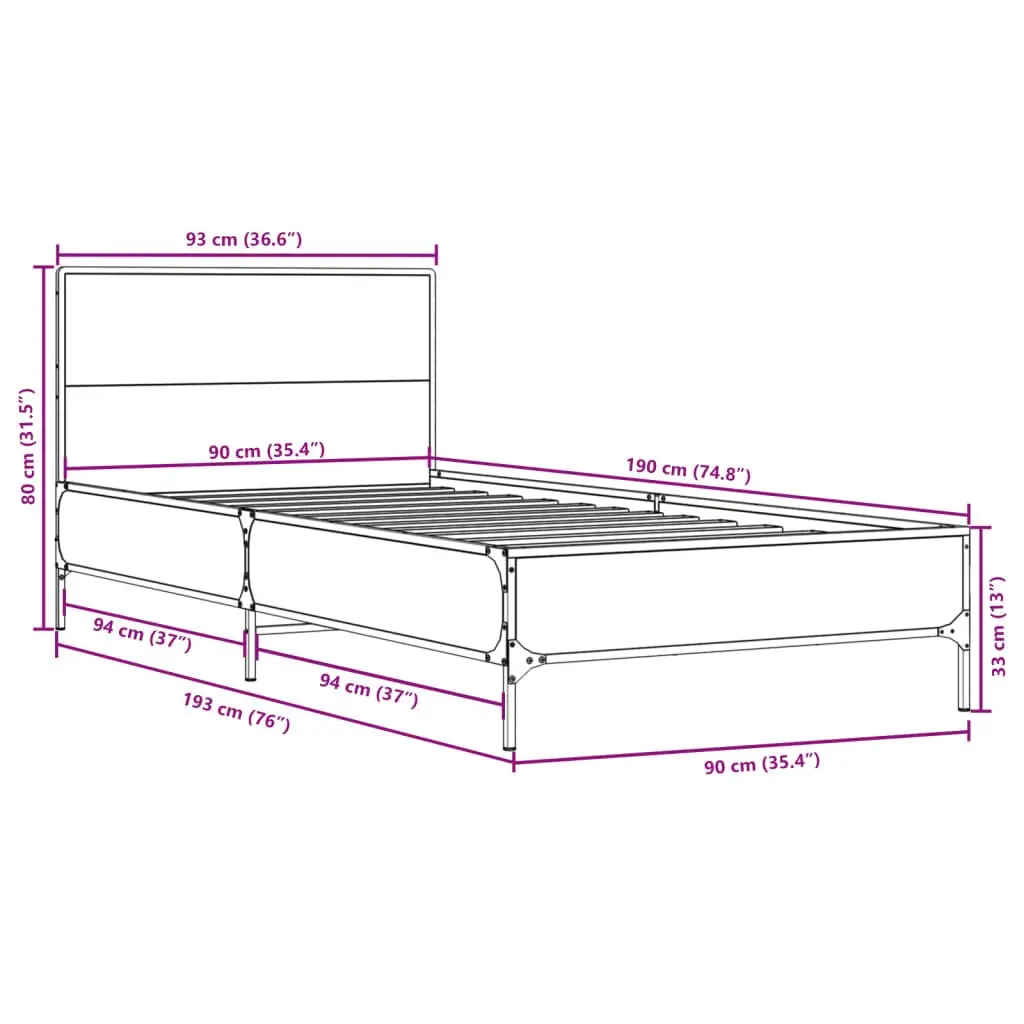 Engineered Wood Bed Frame Black 90x190 cm with Metal Legs Plywood Slats and Headboard