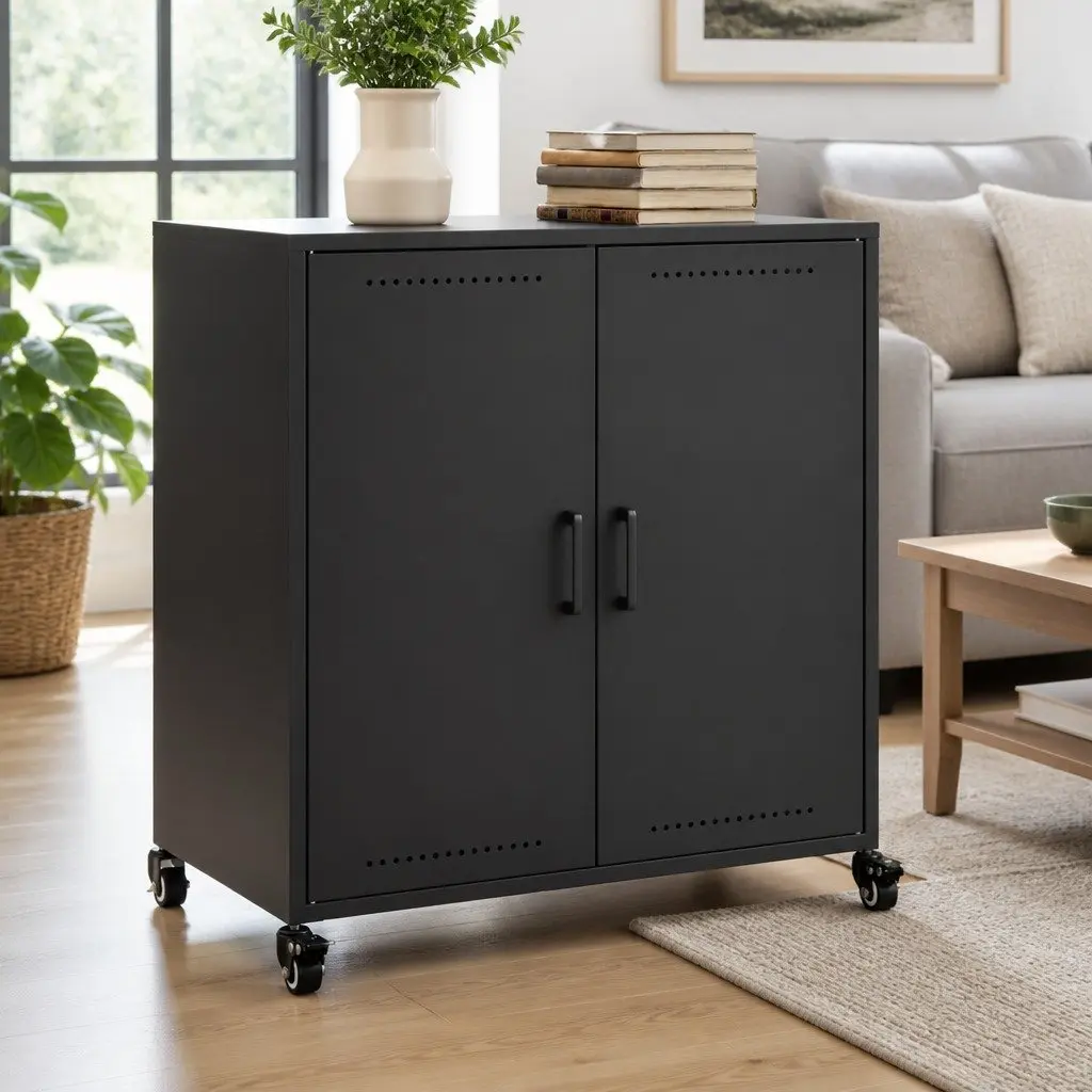 Sideboard Black Storage Cabinet Durable Steel 68W x 39D x 72H cm