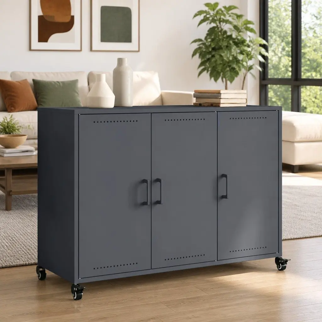 Sideboard Anthracite Storage Cabinet with Wheels 100.5 x 39 x 72 cm