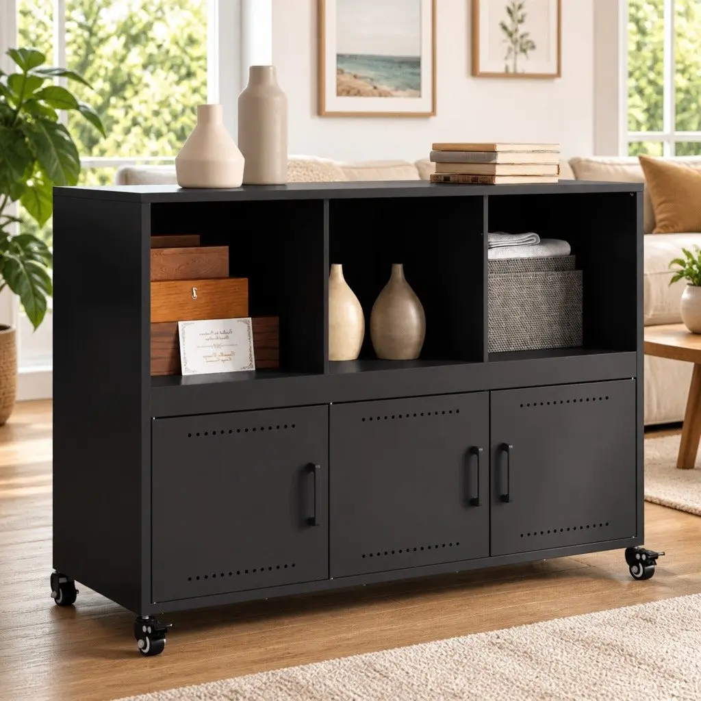 Sideboard Black Storage Cabinet with Wheels Buffet Furniture Hallway Living Room