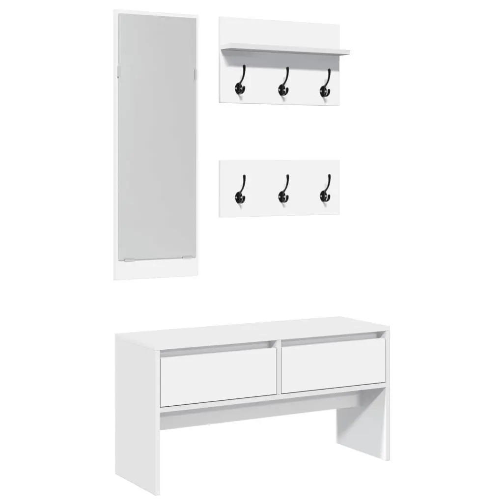 4 Piece Hallway Furniture Set Storage Bench with Drawers Mirror and Coat Racks White