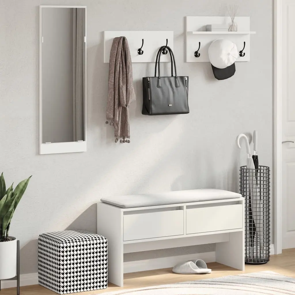 4 Piece Hallway Furniture Set Storage Bench with Drawers Mirror and Coat Racks White