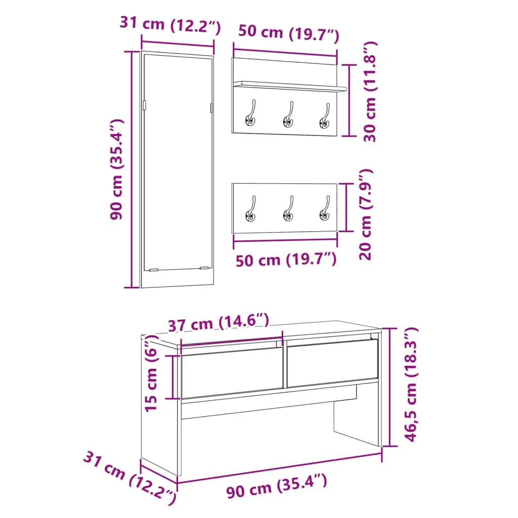 4 Piece Hallway Furniture Set Storage Bench with Drawers Mirror and Coat Racks White