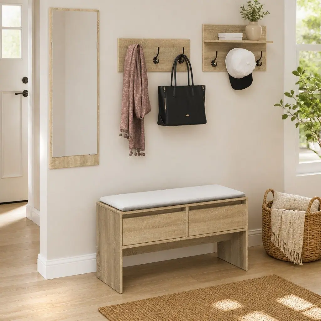 Hallway Furniture Set Multifunctional Storage Bench with Mirror and Coat Hooks