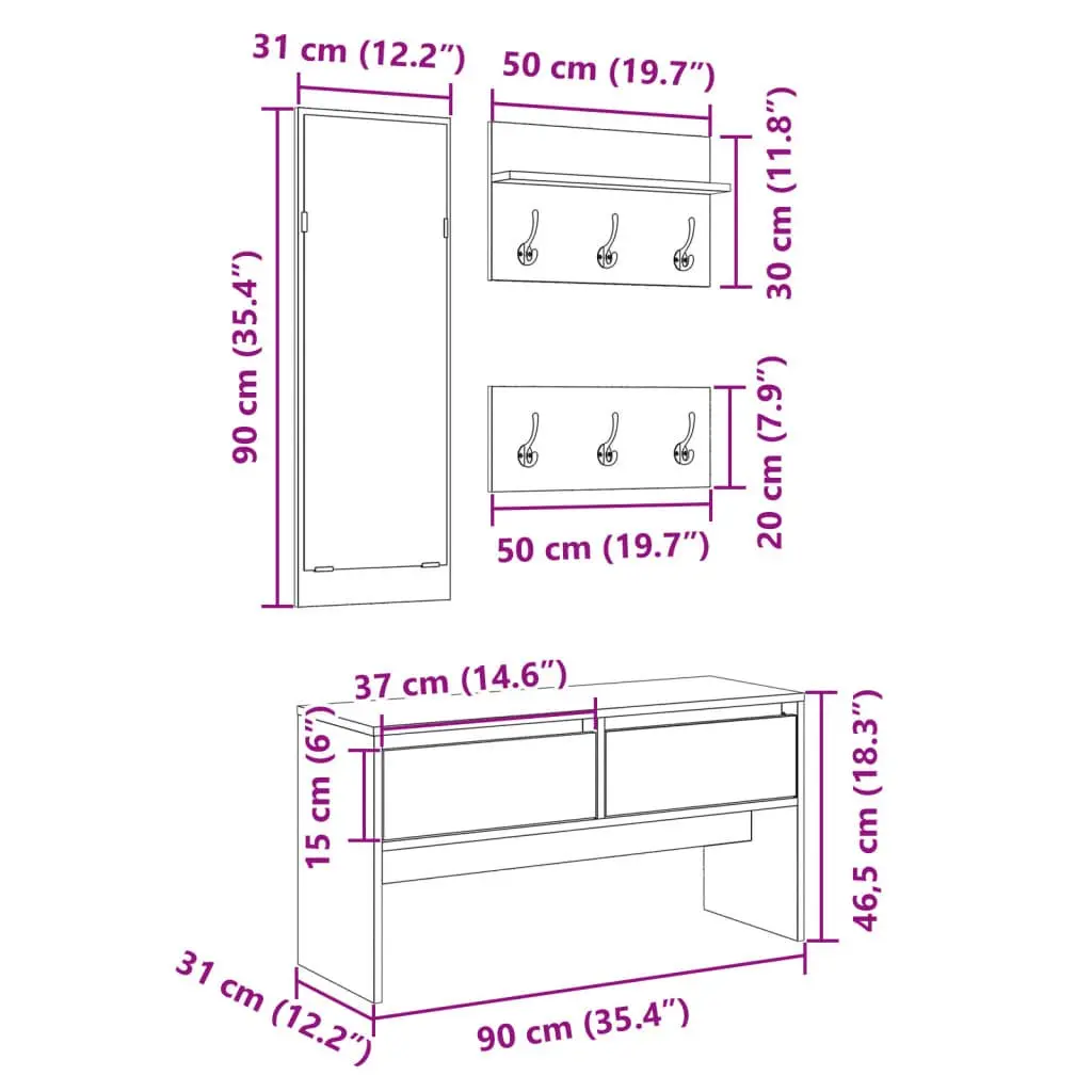 Hallway Furniture Set Multifunctional Storage Bench with Mirror and Coat Hooks