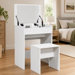 White Dressing Table with Mirror Stool Bedroom Vanity Makeup Storage