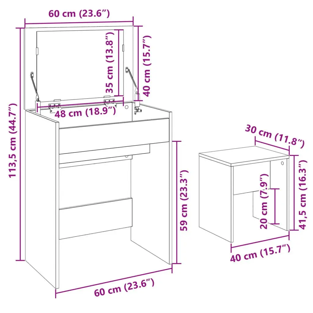 Dressing Table White with Mirror and Stool Bedroom Vanity 60 x 40 x 113.5 cm