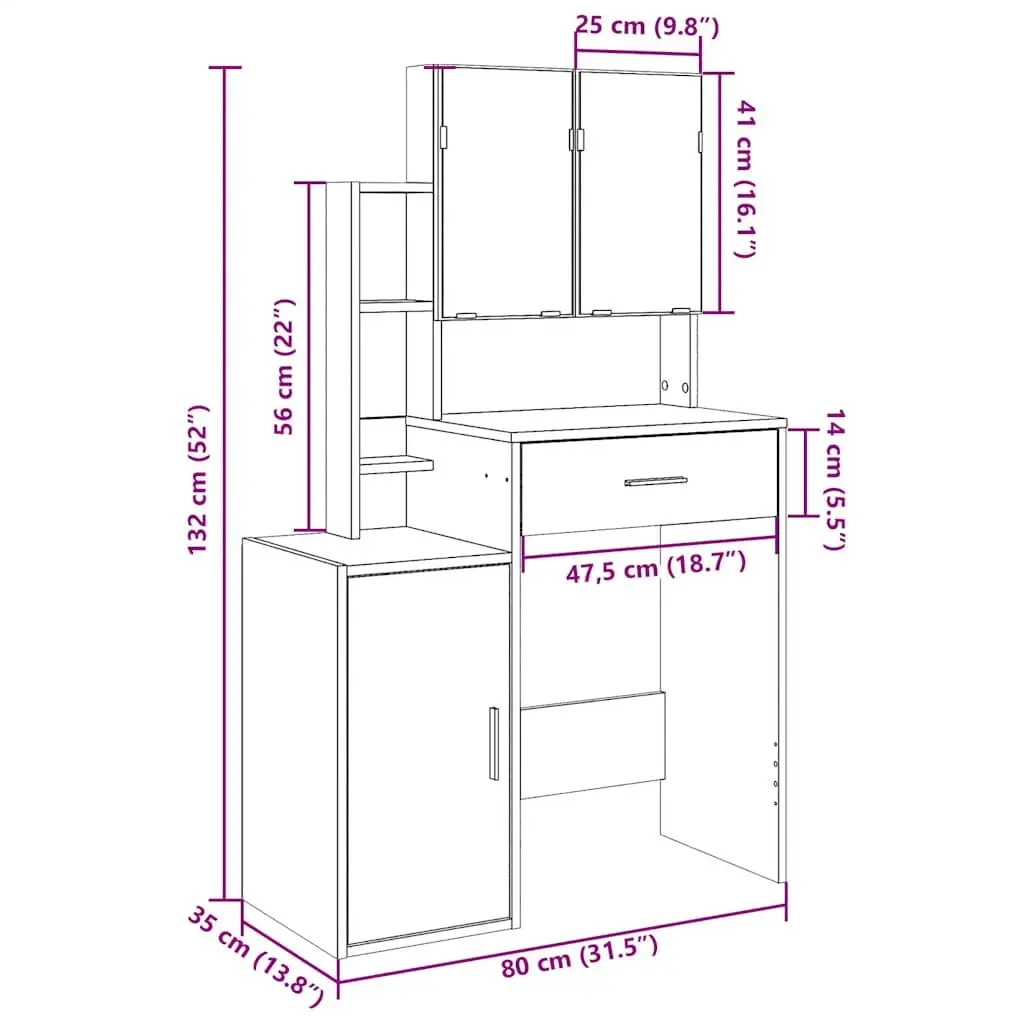 Dressing Table with Mirror and Storage Drawer White 80 x 35 x 132 cm