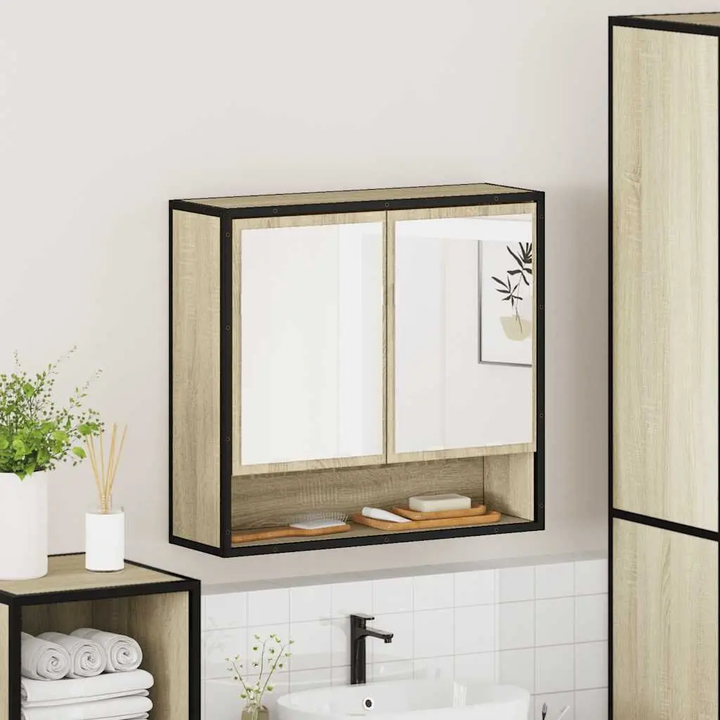 Bathroom Mirror Cabinet Wall-Mounted Engineered Wood 65W x 20D x 60H cm