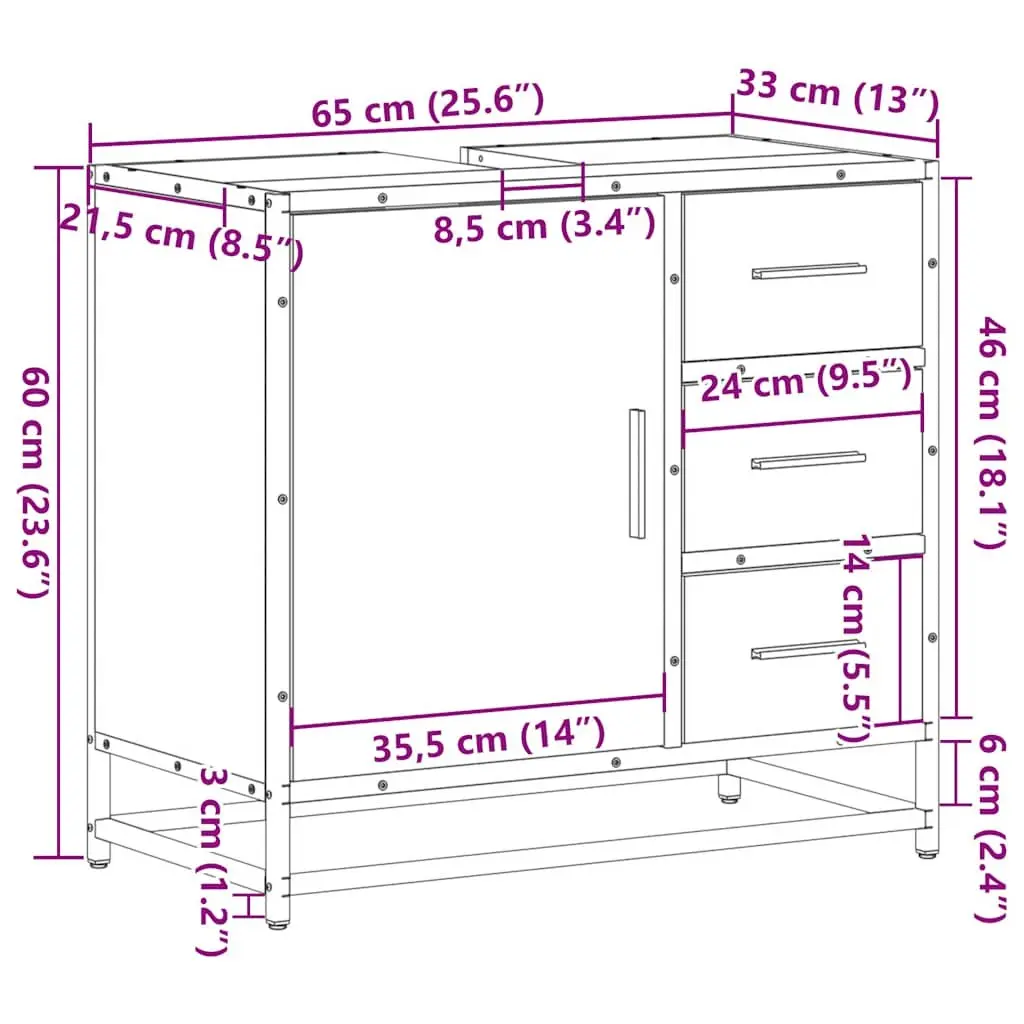 Bathroom Sink Cabinet Brown Engineered Wood Vanity Unit 65x33x60 cm