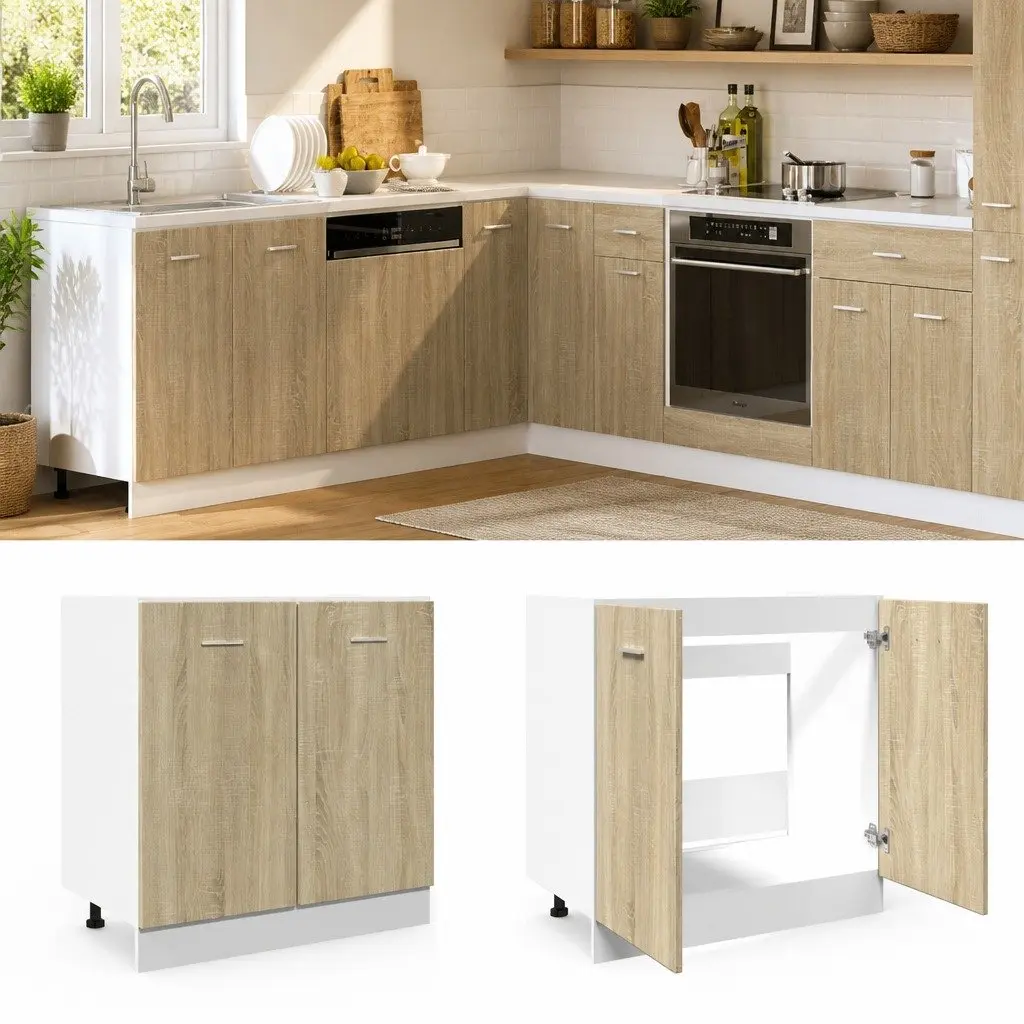 Bottom Kitchen Cabinet Engineered Wood Sonoma Oak Two Door Storage Unit 80 x 46 x 81.5 cm