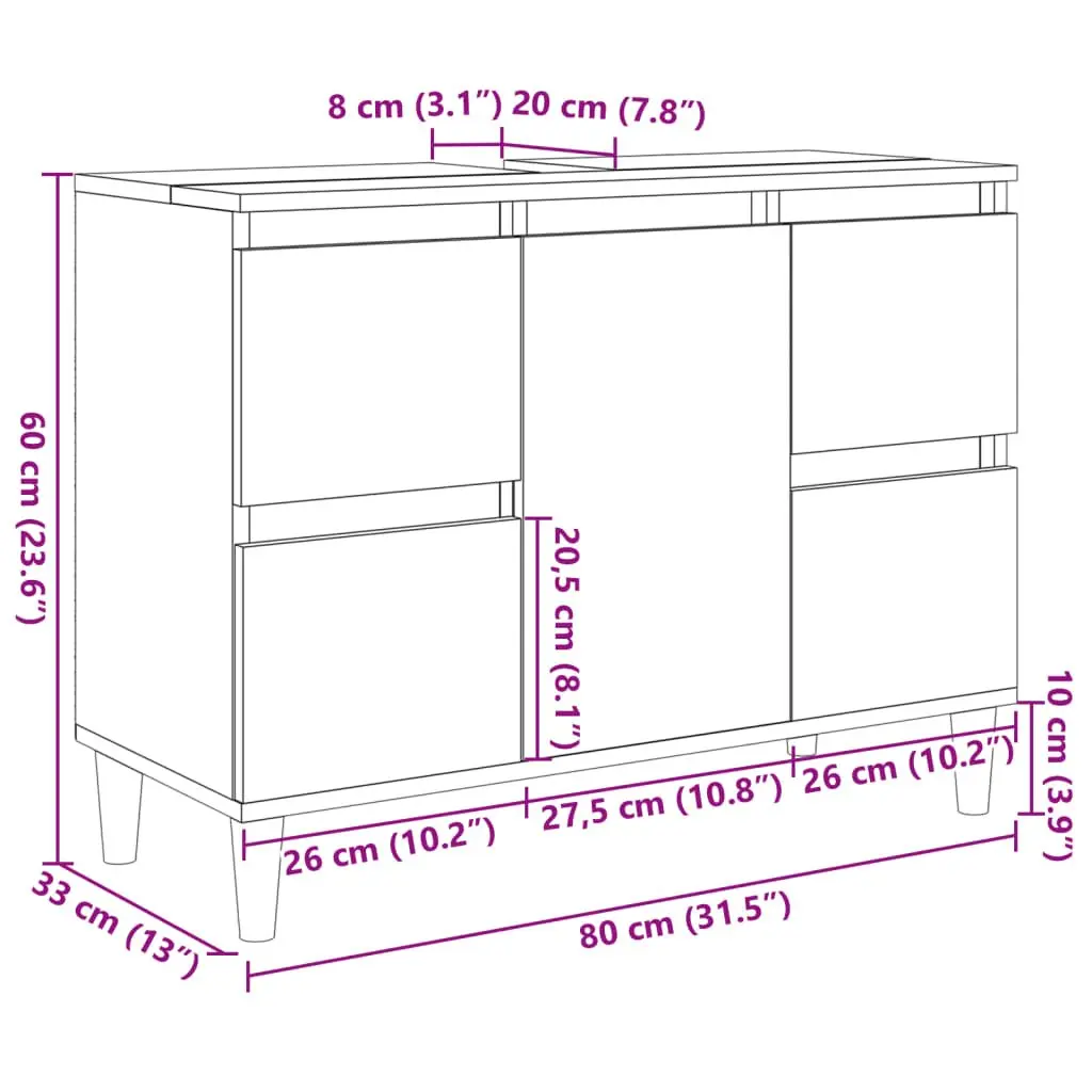 Bathroom Sink Cabinet Brown Vanity Unit 80x33x60cm Storage Drawers Compartment