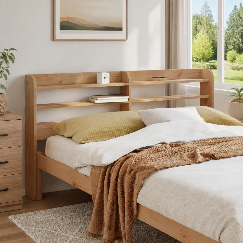 Headboard with Shelves Freestanding 140cm Solid Pine Wood Storage Furniture