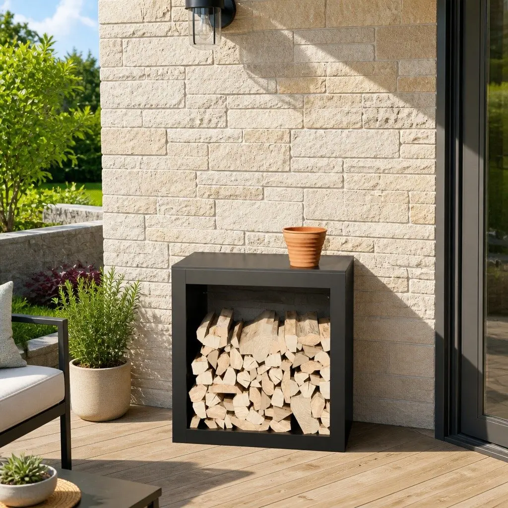 Firewood Rack Steel Black Log Storage Stand Fireplace Wood Holder Outdoor