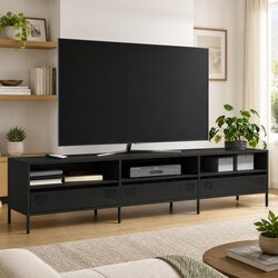 TV Cabinet Black Industrial Steel Unit with Storage Drawers Compartments 202cm