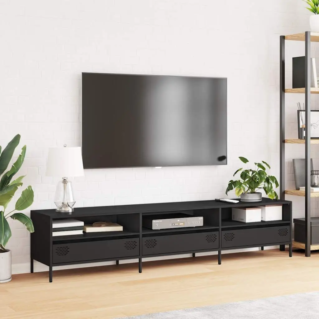 TV Cabinet Industrial Steel Unit Black 202cm with Storage Drawers Compartments