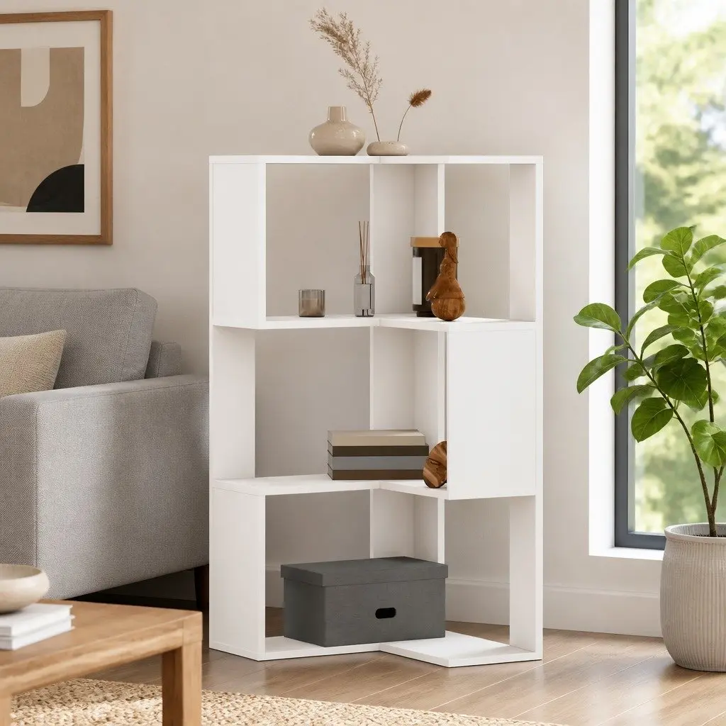 White Corner 3-Tier Storage Shelf Display Unit Engineered Wood