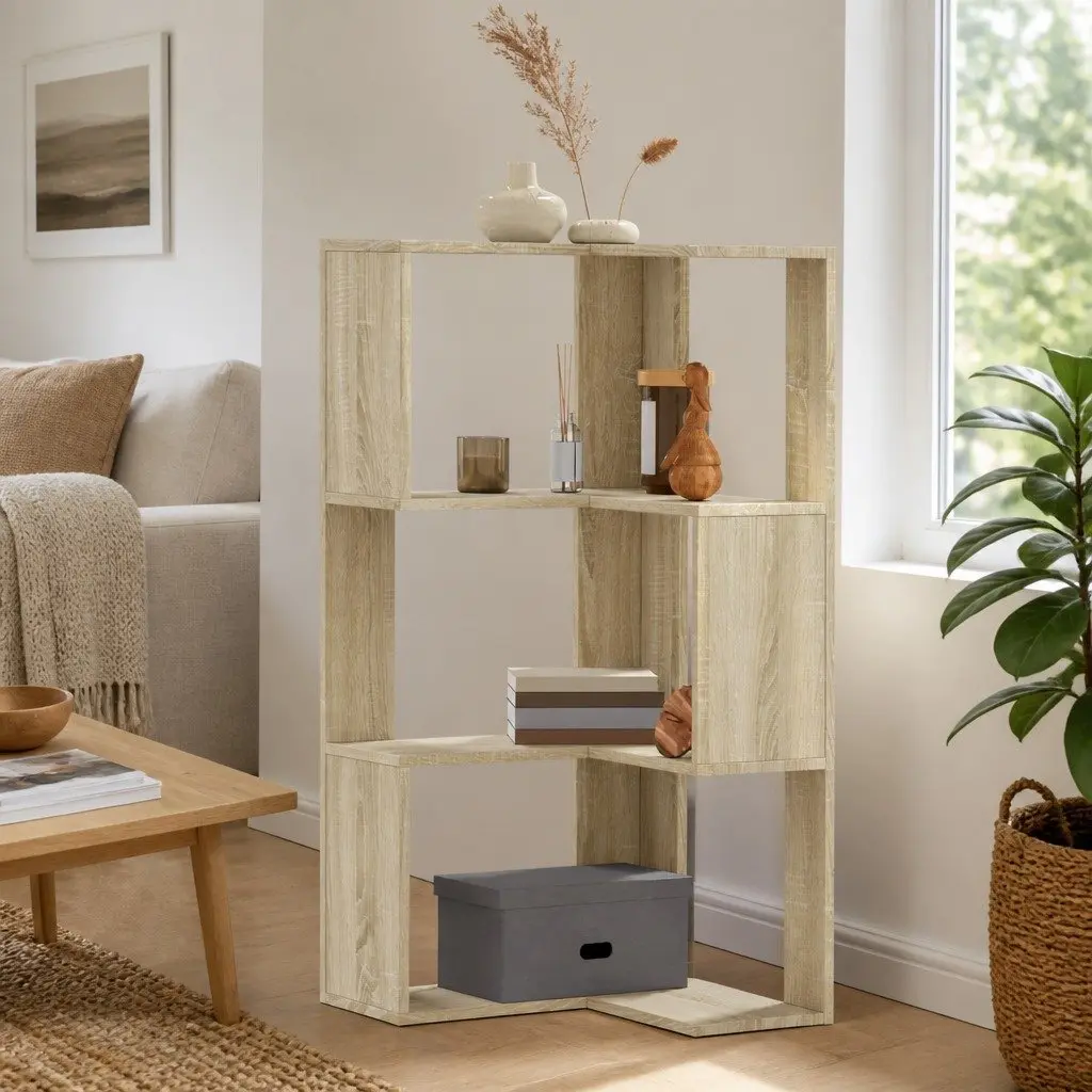 3-Tier Corner Bookcase Compact Storage Shelf Engineered Wood Brown