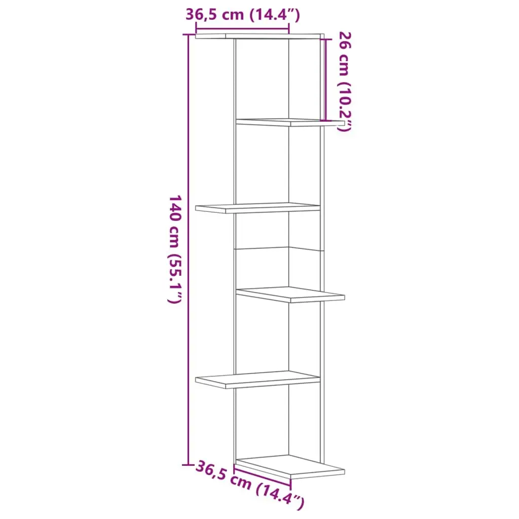 Wall Corner Shelf White 36.5x36.5x140cm Storage Display Shelving Unit