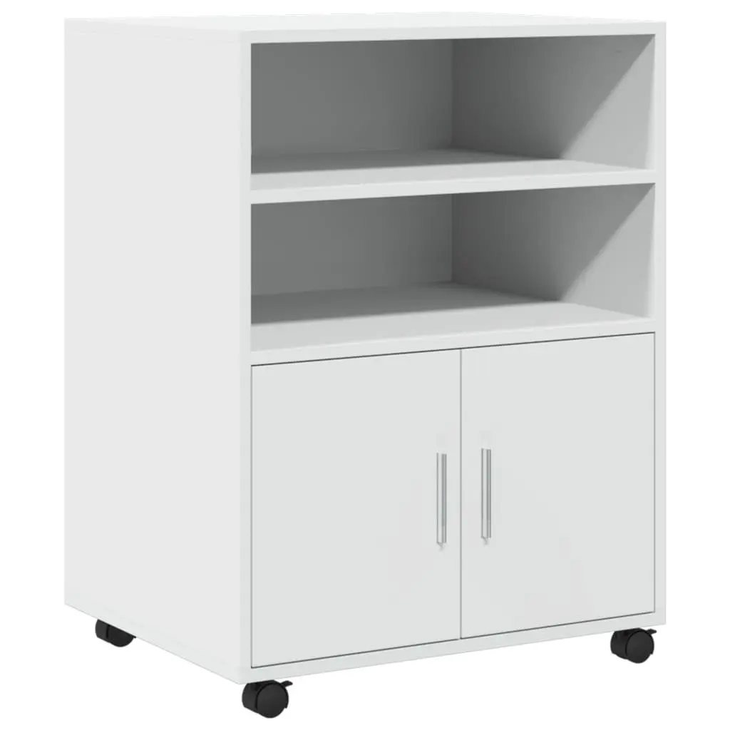 Rolling Cabinet White Storage Organizer Shelves Doors Wheels Home Office