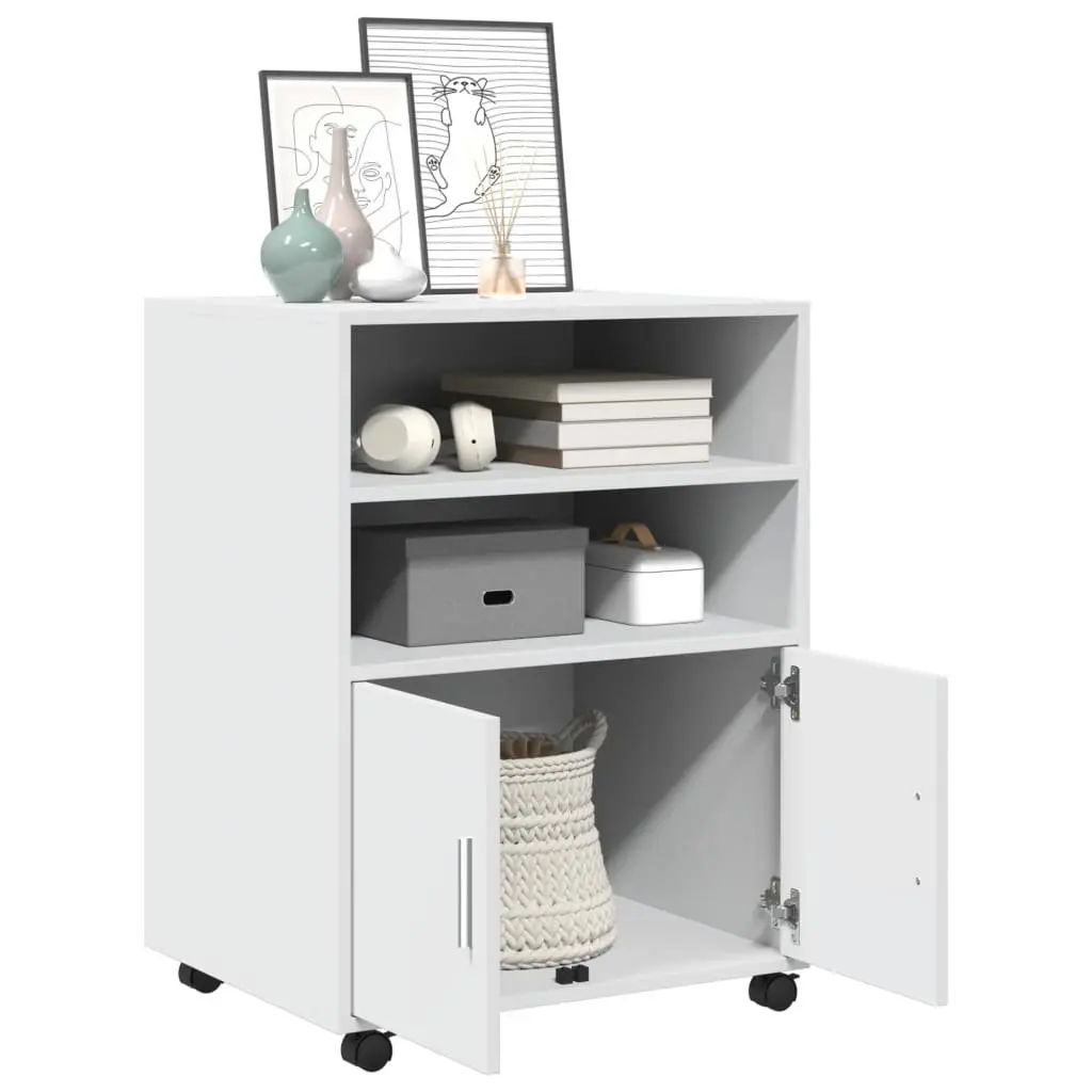 Rolling Cabinet White Storage Organizer Shelves Doors Wheels Home Office