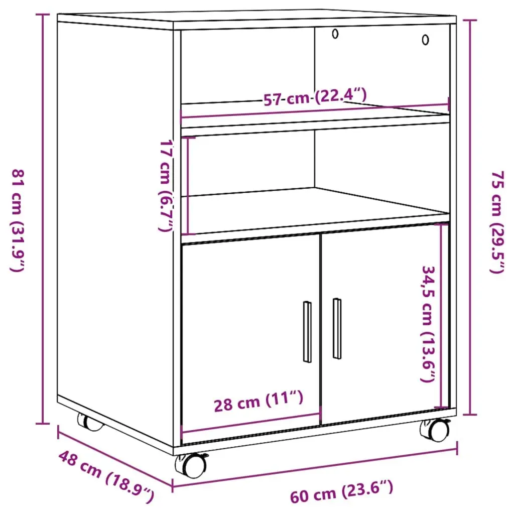 Rolling Cabinet White Storage Organizer Shelves Doors Wheels Home Office