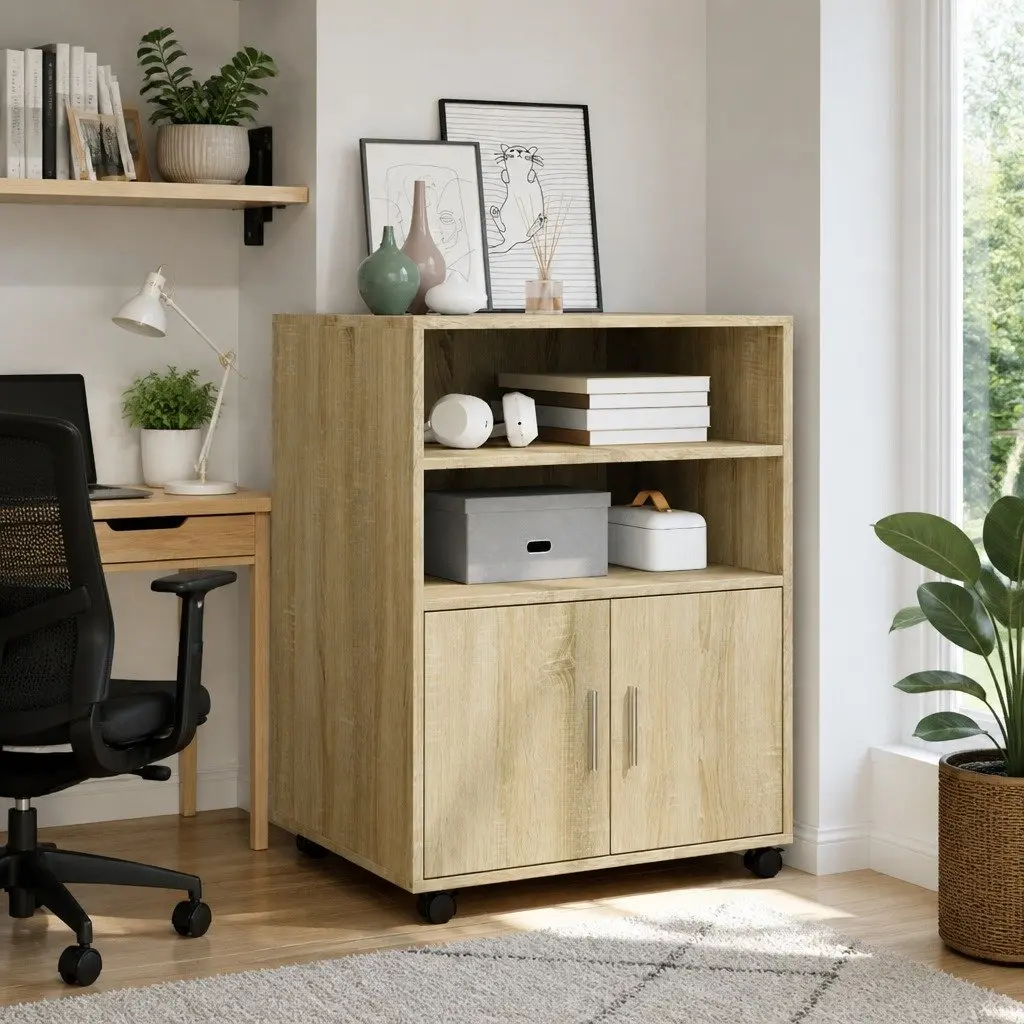 Rolling Cabinet with Shelves and Doors Brown 60x48x81cm