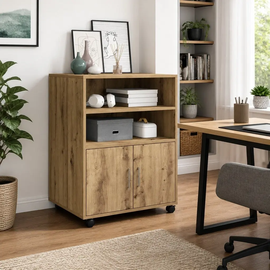 Rolling Cabinet with Shelves and Doors Brown 60x48x81cm