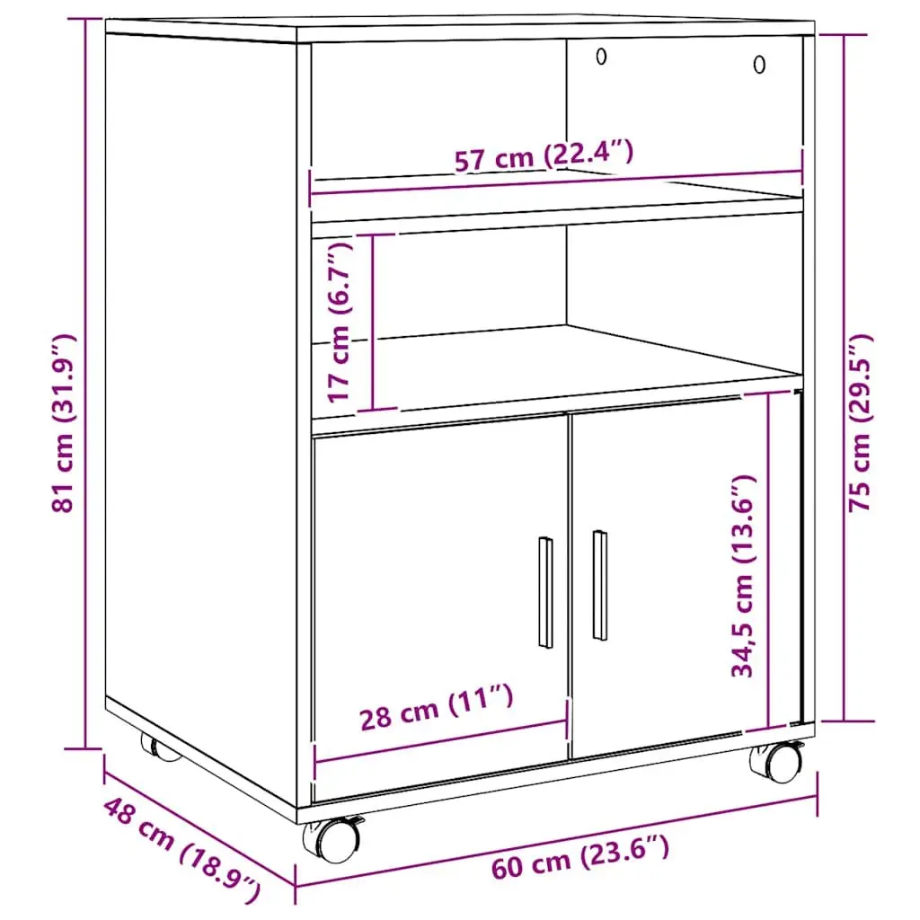 Rolling Cabinet with Shelves and Doors Brown 60x48x81cm