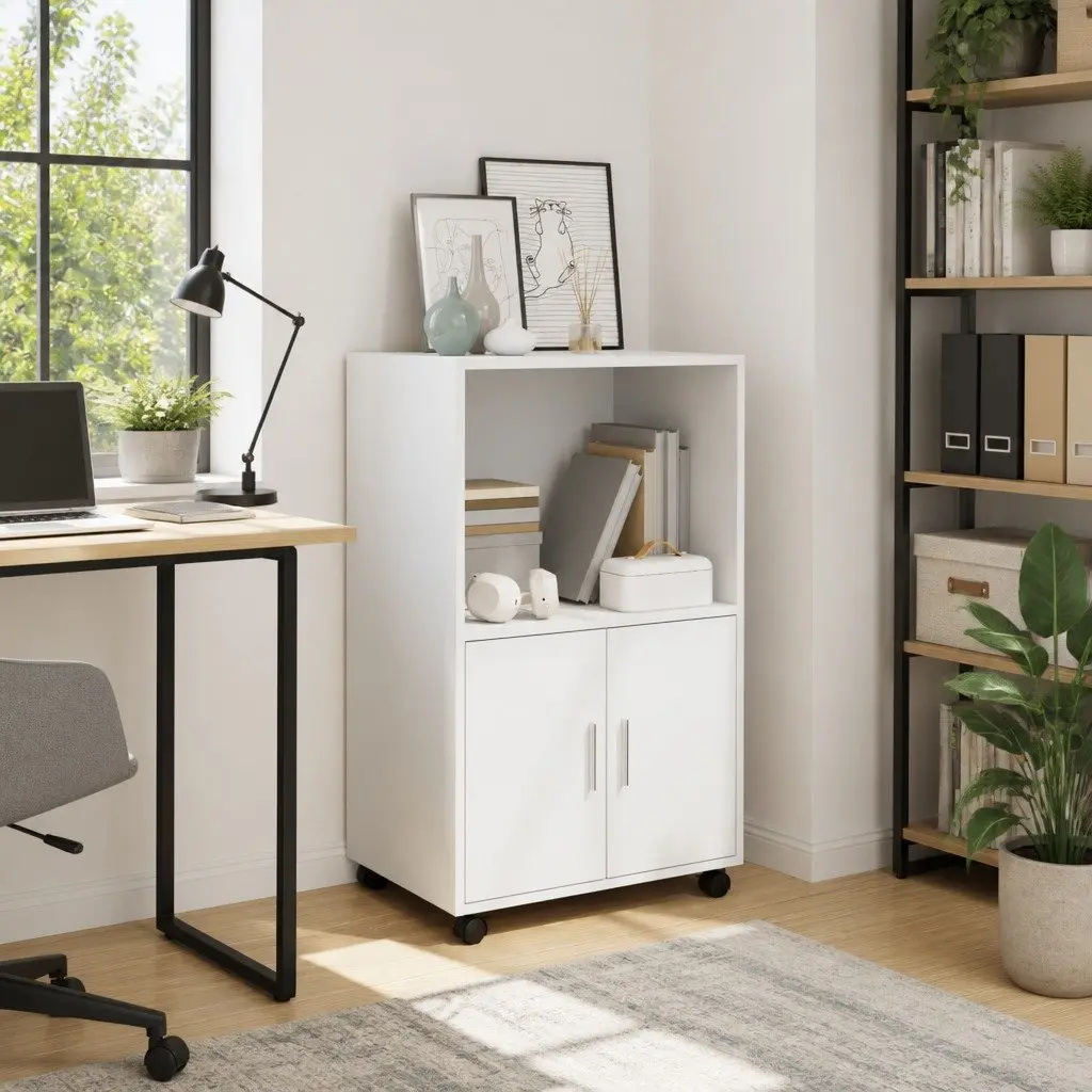Rolling Cabinet White Storage Furniture with Wheels 55L x 40W x 91H cm