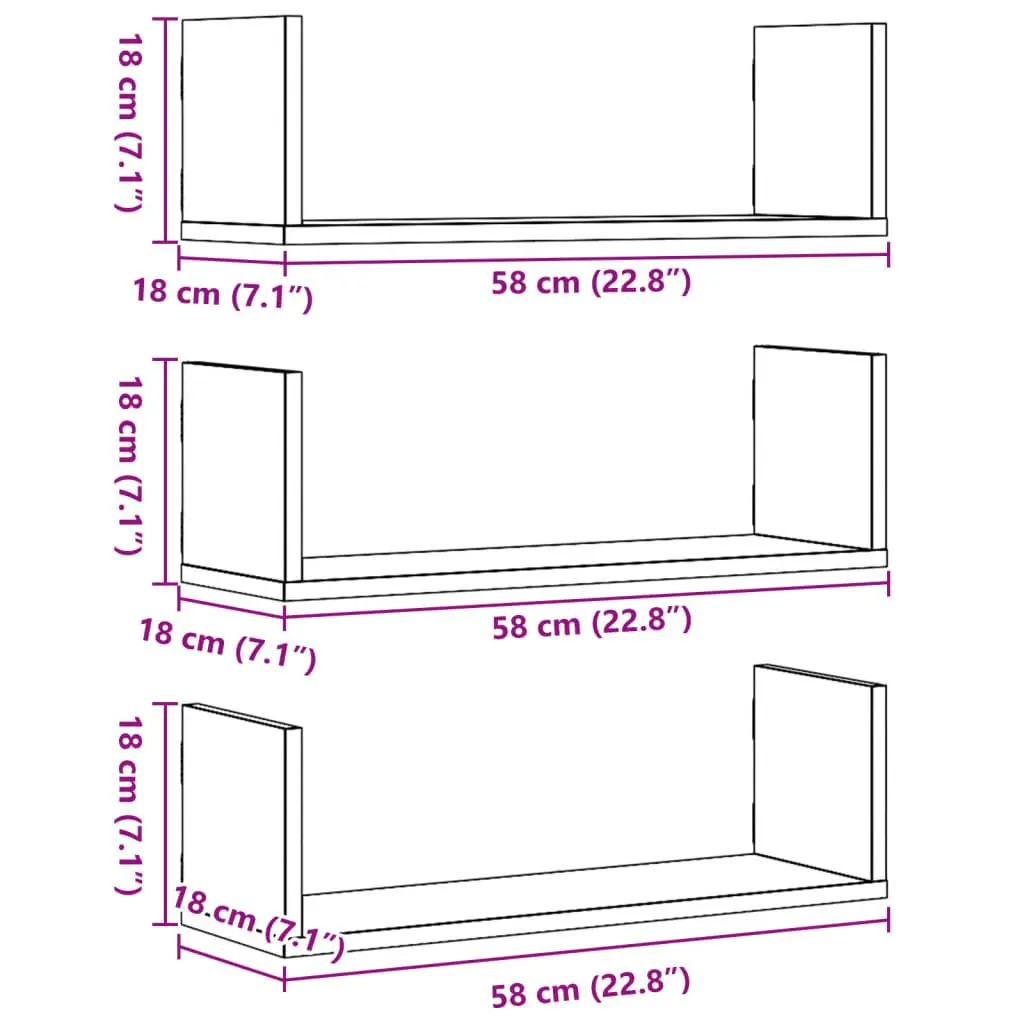 Wall Shelves Floating Storage White 58x18x18 cm Engineered Wood Set of 3