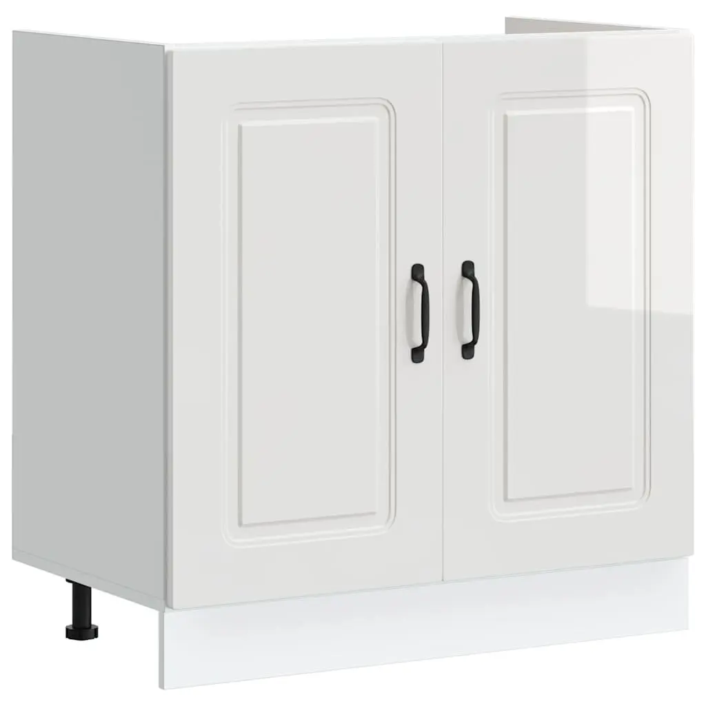 Kitchen Storage Unit Sink Base Cabinet High Gloss White Engineered Wood 80W x 46D x 81.5H cm
