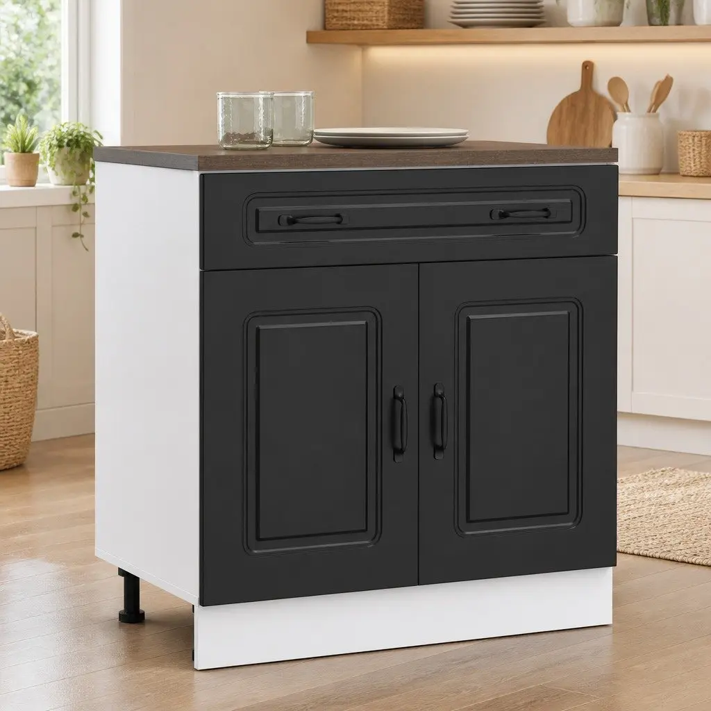 Kitchen Base Cabinet Black Engineered Wood Storage Cupboard Adjustable Feet