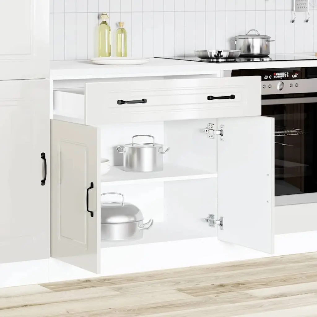 Kitchen Base Cabinet White High Gloss Engineered Wood Storage Cupboard Organiser